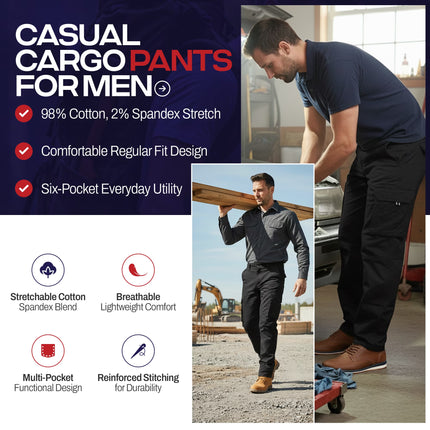 Alamo Casual Cargo Pants for Men - Stretchable, Regular Fit Cargo Work Pants for Men - 6 Pocket Outdoor Mens Work Pants
