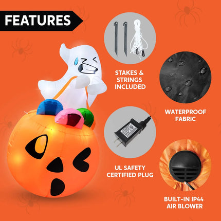 5Ft Halloween Inflatables Light up Cute Ghost,Blow up Ghost Lift Pumpkin Candy Bag with Build-In Leds for Yard Decorations