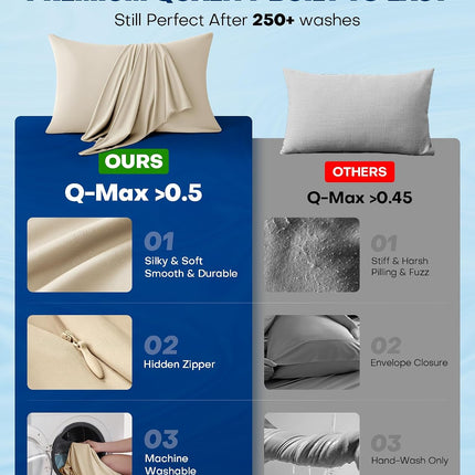 Ultra-Chill Cooling Pillowcase Set of 2 for Hot Sleepers, Softer than Silk Pillow Cases for Protecting Hair & Skin, Breathable Bed Pillow Covers W/Zipper, Gifts for Women Men(Beige, Standard)
