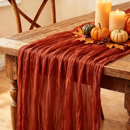 Fall Table Runner, 10FT Thanksgiving Terracotta Cheesecloth Table Runner 35*120Inch Burnt Orange Decor for Autumn Fall Wedding Baby Shower Friendsgiving Thanksgivig Home Kitchen Table Decorations