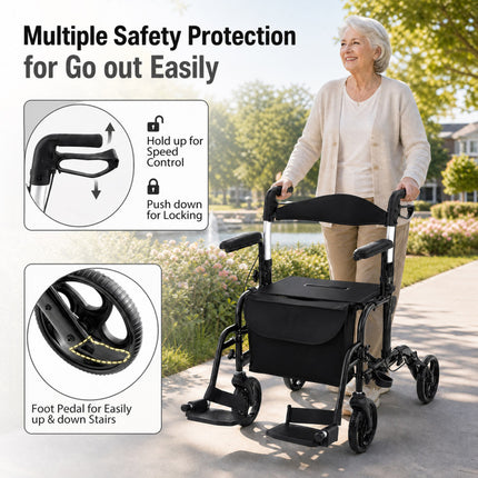 2-In-1 Folding Rollator Walker with Adjustable Handles and Reversible Backrest