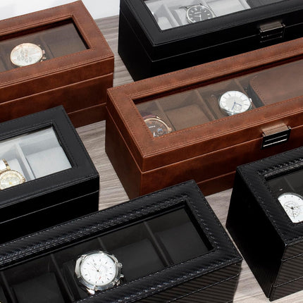 Watch Box for Men, 6 Slot Watch Case with Glass Lid Fits 48Mm