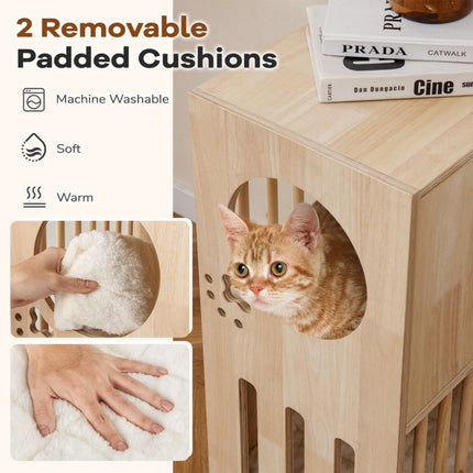 2-Tier Wooden Cat Condo Indoor Symmetrical Cat House with Removable Cushions