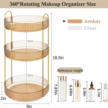 Makeup Organizer for Vanity, 3 Tier 360° Rotating Make up Storage Perfume Organizers for Bathroom Counter, Clear Cosmetic Dresser Lipstick Spinning Holder