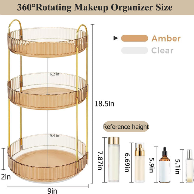 Makeup Organizer for Vanity, 3 Tier 360° Rotating Make up Storage Perfume Organizers for Bathroom Counter, Clear Cosmetic Dresser Lipstick Spinning Holder