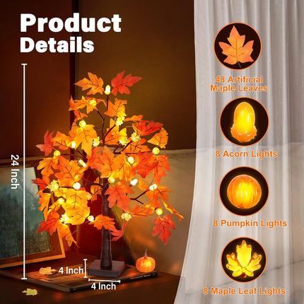 2 Pack 24 Inch Fall Maple Tree with 48LED Thanksgiving Table Decorations Battery Operated Lighted Tabletop Artificial Tree with Pumpkin Acorn Maple Fall Centerpieces Indoor Fall Decorations for Home