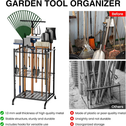 Garden Tool Organizer with Storage Hooks, Yard Tool Tower Rack for Garage Organization and Storage, up to 35 Long-Handled Tools, Metal Tool Holder with 6 Hooks, Black