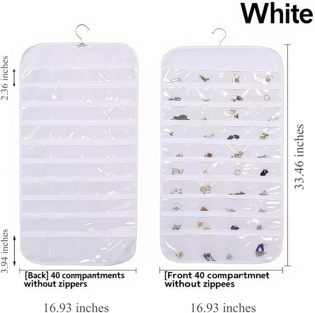 Hanging Jewelry Organizer Pockets Canvas Double Sided Rotating Hanger Necklace Hanging Wall Organizer Jewelry Roll for Earrings, Necklaces,Sunglasses,Rings (80-Pocket WHITE)