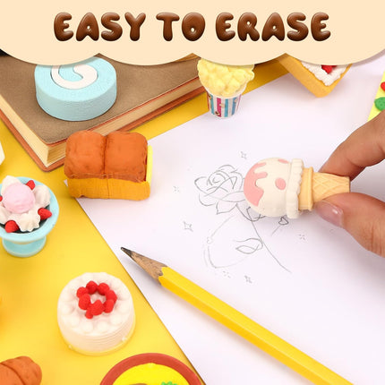 24 Pcs Mini Food Erasers, 3D Fruit Cake Dessert Pencil Erasers, Take Apart Puzzle Eraser Bulk for Classroom Prizes, Gifts Supplies, Back to School Party Party Favors