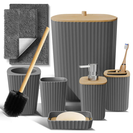 Complete 8 Piece Bathroom Accessory Set with Bamboo Accents, Trash Can, Toilet Brush & 2 Bath Rugs Included