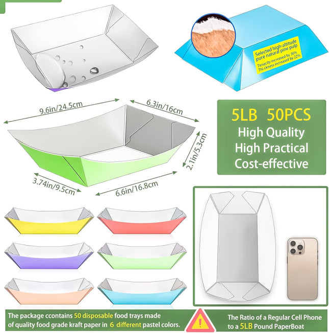 50 Pack Extra Large 5Lb Paper Food Boat Trays Disposable Paper Boat Containers, Colorful Kraft Food Serving Tray Boats Plates for Snack Popcorn Sandwich Burger Hot Dog BBQ Taco Fries Nacho