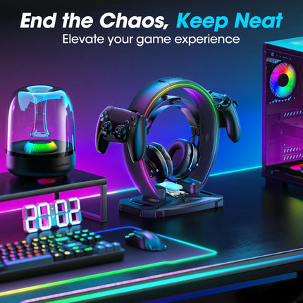 Headphone Stand, Controller Holder, RGB Gaming Headphone Stand with Cable Organizer for Desktop Organizers