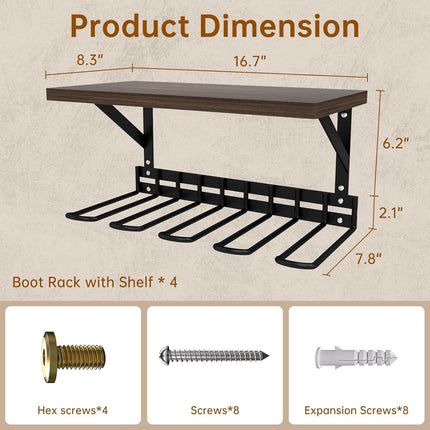 Wall Mount Boot Rack, Garden Tool Organizer with Curved Hooks & Wood Shelf,