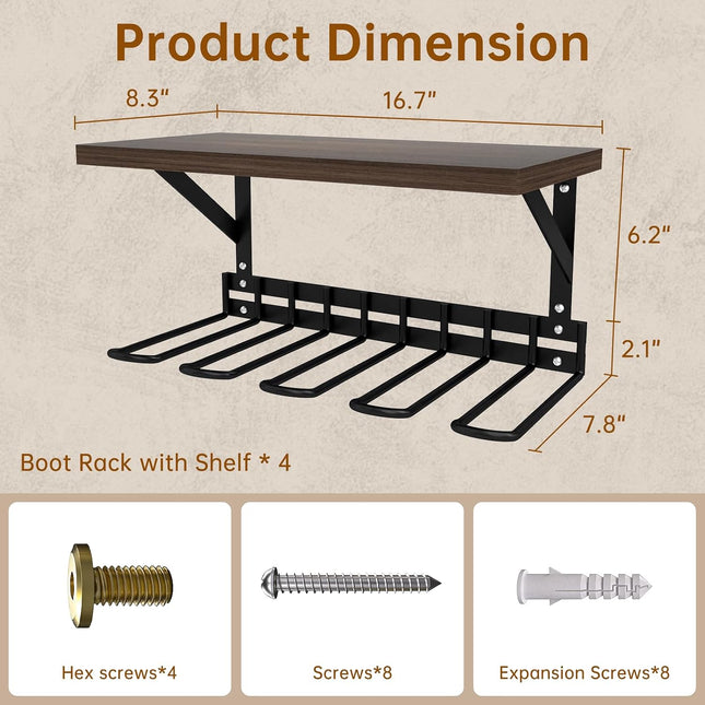 Wall Mount Boot Rack, Garden Tool Organizer with Curved Hooks & Wood Shelf,