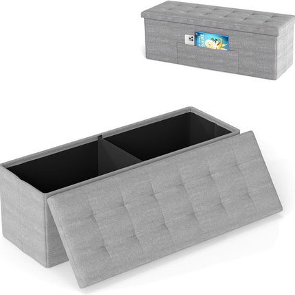 Storage Ottoman Bench, 43" L Folding Foot Rest Storage Chest with Side Pocket, Divider, Padded Seat Shoe Bench for Living Room Bedroom Hallway Entryway End of Bed (Light Gray)