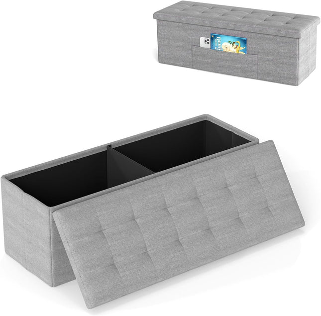 Storage Ottoman Bench, 43" L Folding Foot Rest Storage Chest with Side Pocket, Divider, Padded Seat Shoe Bench for Living Room Bedroom Hallway Entryway End of Bed (Light Gray)