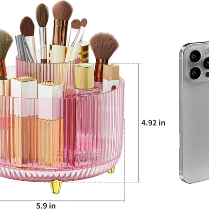 Clear Rotating Makeup Organizer Countertop for Vanity, 360° Makeup Brush Holder Organizer with 5 Compartments, Transparent Cosmetic Storage for Lipstick, Skincare, Bathroom Counter (Transparent Pink)
