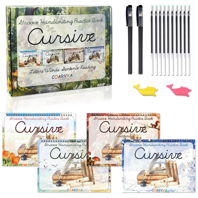 4 Pack Cursive Handwriting Workbook，Magic Grooved Writing Practice Books，Reusable Handwriting Practice Books，Cursive Kickoff Student Workbook for Kids Ages 5-12, Writing without Tears