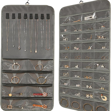 Hanging Jewelry Organizer: Necklace & Earring Holder with Pockets for Closet, Wall or Door (Grey)