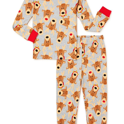 Baby & Toddler Unisex Long Sleeve Christmas Reindeer Top and Pants, 2-Piece Cotton Pajama Set, Sizes 12M-5T