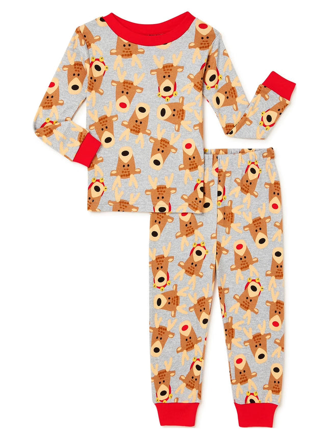 Baby & Toddler Unisex Long Sleeve Christmas Reindeer Top and Pants, 2-Piece Cotton Pajama Set, Sizes 12M-5T
