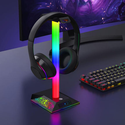 Headphone Stand Gaming Headset Holder RGB PC Gaming Accessories for Desk, Cool LED Headset Stand with 2 USB Charger for Gamer, Black