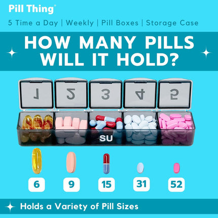 7-Day Weekly Pill Organizer with Secure Case, 5 Compartments per Day, Removable Tray, Medication Schedule, Travel Pill Box-Complex Medication Routine (5 Time-A-Day - Black)