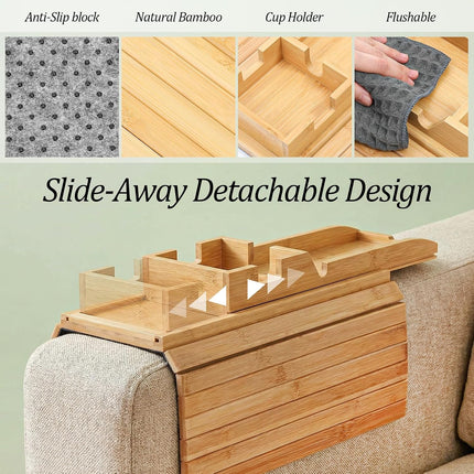 1Pc Bamboo Couch Cup Holder Tray, 4.7X12.6Inch Couch Armrest Table 3 in 1 Anti-Slip Sofa Armchair Caddy Table Couchs Arm Tray with Detachable Cup Holder Foldable Sofas Trays for Drinks Cellphone