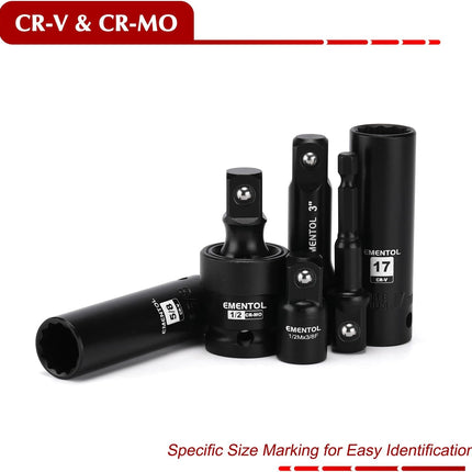 32PCS 1/2" Drive Socket Set, Deep Impact Sockets, SAE(3/8"-1") and Metric(10-24Mm), Including Extension Bars, Universal Joint, Drill&Socket Adapter, 12 Point Design, Cr-V Steel