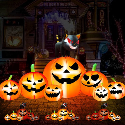 8.1Ft Halloween Inflatable Blow up Pumpkin Decoration,7 Glitter Pumpkins with Black Cat,Built-In LED Lights for Halloween Holiday,Yard,Garden,Lawn