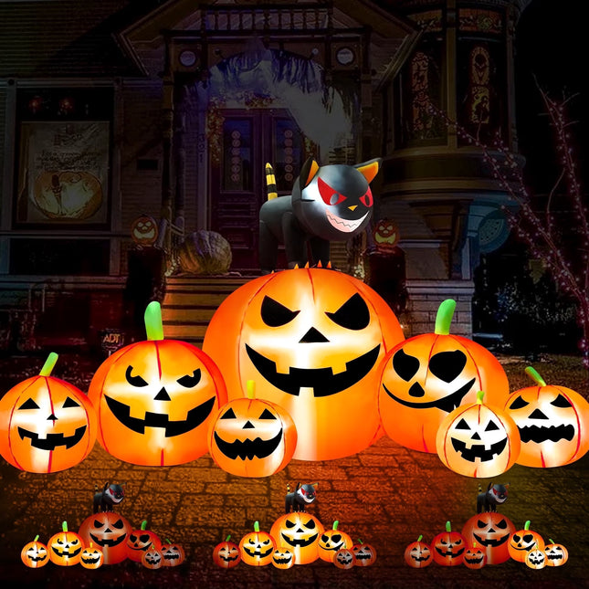 8.1Ft Halloween Inflatable Blow up Pumpkin Decoration,7 Glitter Pumpkins with Black Cat,Built-In LED Lights for Halloween Holiday,Yard,Garden,Lawn