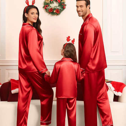 Family Matching Pajamas Set Silk Satin Button down Sleepwear Long Sleeve Nightwear 2 Pcs Pj Set S-XXL