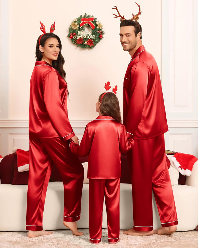 Family Matching Pajamas Set Silk Satin Button down Sleepwear Long Sleeve Nightwear 2 Pcs Pj Set S-XXL