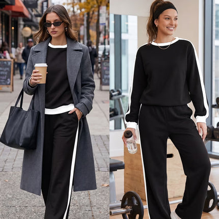 Womens Sweatsuits 2 Piece Set Fleece Lined Outfits Crew Neck Colorblock Long Sleeve Sweatshirt Jogger Pants Tracksuit Set with Pockets