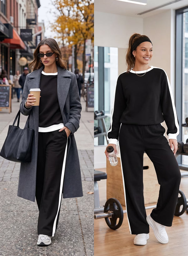 Womens Sweatsuits 2 Piece Set Fleece Lined Outfits Crew Neck Colorblock Long Sleeve Sweatshirt Jogger Pants Tracksuit Set with Pockets
