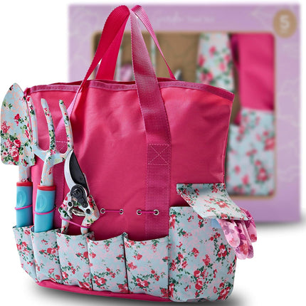 Gardening Tools for Women – Garden Tool Set, 5 Piece Gardening Kit with Garden Bag, Gloves, Shears & Trowel, Gardening Gifts for Women, Garden Tool Kit with Garden Tote Organizer