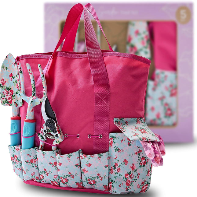 Gardening Tools for Women – Garden Tool Set, 5 Piece Gardening Kit with Garden Bag, Gloves, Shears & Trowel, Gardening Gifts for Women, Garden Tool Kit with Garden Tote Organizer