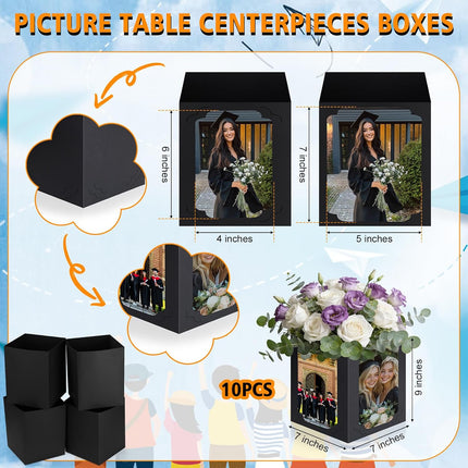 10 Pieces Picture Centerpieces for Table Graduation Box Table Centerpieces 6/7 Inch Photo Display Box for Congrats Grad Wedding Graduation Birthday Party Decoration (Black)