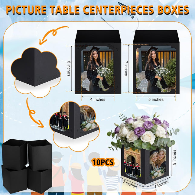 10 Pieces Picture Centerpieces for Table Graduation Box Table Centerpieces 6/7 Inch Photo Display Box for Congrats Grad Wedding Graduation Birthday Party Decoration (Black)