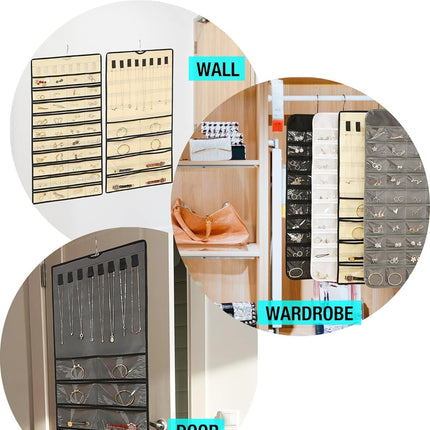 Hanging Jewelry Organizer: Necklace & Earring Holder with Pockets for Closet, Wall or Door (Grey)