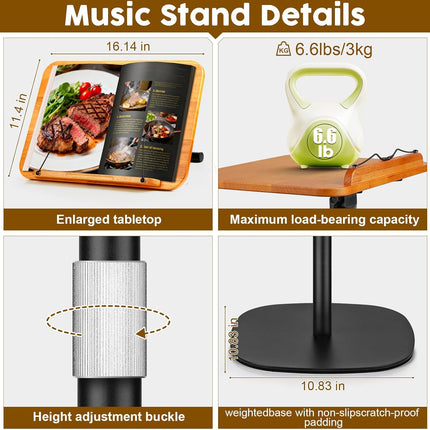 2 in 1 Dual-Use Music Stand & Desktop Book Stand, Adjustable Height 16.5"-51", 100% Solid Wood Laptop Floor Stand Book Holder with Elastic Page Clips for Cookbooks (Brown)