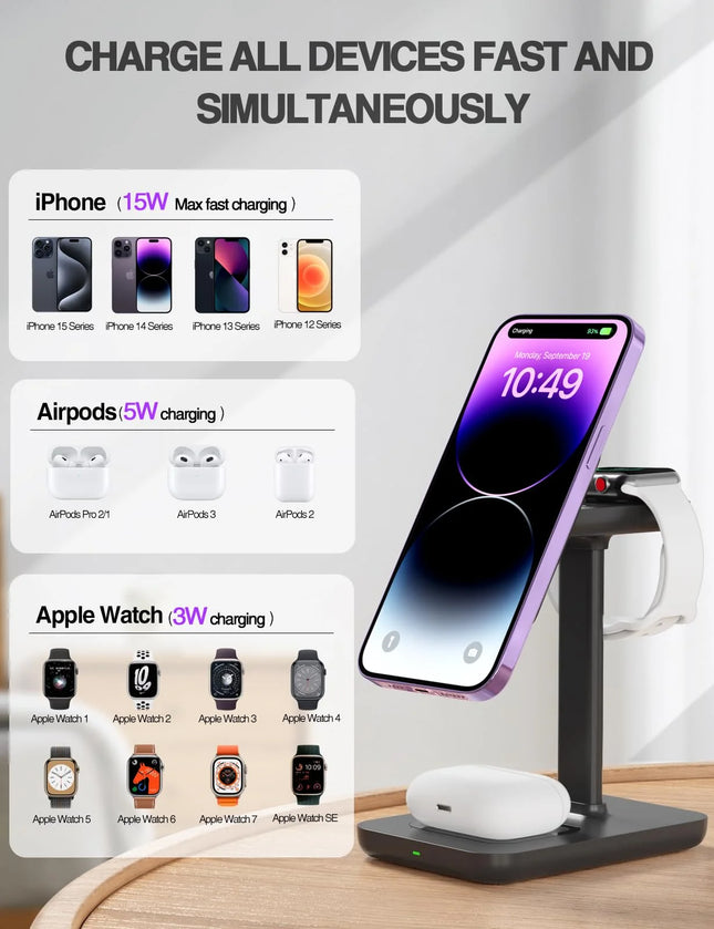 20W Magnetic Wireless Charger for Iphone - 3 in 1 Charging Station Compatible with Iphone 17/16/15/14/13/12 Pro Max, for Iwatch & Air Pods 4 3 Pro, Black