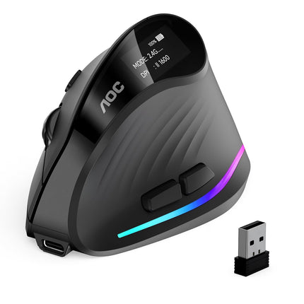 AOC Ergonomic Mouse, Wireless Rechargeable Vertical Mouse, 200H Working Time, 4800 DPI Optical Tracking, Silent Button, RGB, 2.4Ghz Programmable Mice for Laptop, Desktop, Macbook, Black