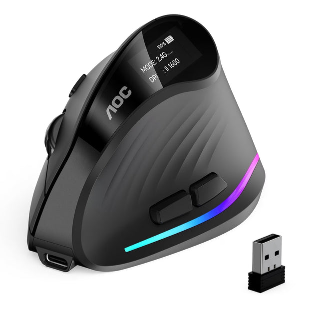 AOC Ergonomic Mouse, Wireless Rechargeable Vertical Mouse, 200H Working Time, 4800 DPI Optical Tracking, Silent Button, RGB, 2.4Ghz Programmable Mice for Laptop, Desktop, Macbook, Black