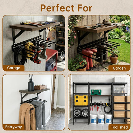 Wall Mount Boot Rack, Garden Tool Organizer with Curved Hooks & Wood Shelf
