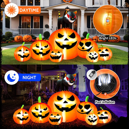8.1Ft Halloween Inflatable Blow up Pumpkin Decoration,7 Glitter Pumpkins with Black Cat,Built-In LED Lights for Halloween Holiday,Yard,Garden,Lawn