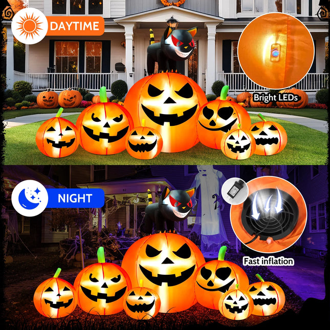 8.1Ft Halloween Inflatable Blow up Pumpkin Decoration,7 Glitter Pumpkins with Black Cat,Built-In LED Lights for Halloween Holiday,Yard,Garden,Lawn