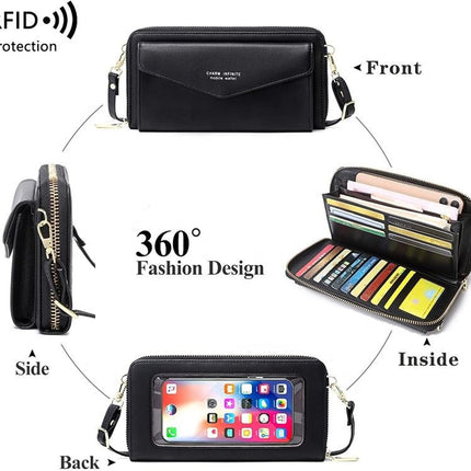 Faux Leather Crossbody Phone Bag for Women, RFID Blocking Touch Screen Wallet Shoulder Handbag with Clear Phone Window