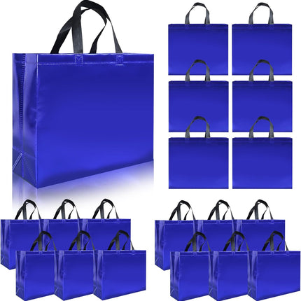 15 Pcs Glossy Blue Reusable Gift Bags with Handles, Party Gift Bags Bulk with Sturdy Bases, Ideal Goodie Bag for Birthday, Wedding, Christmas, Holiday-12.6 X 4.7 X 11 In