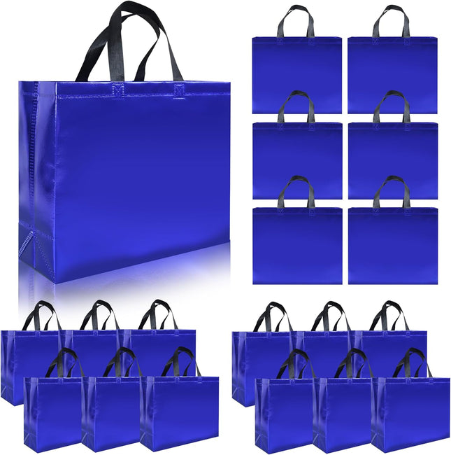 15 Pcs Glossy Blue Reusable Gift Bags with Handles, Party Gift Bags Bulk with Sturdy Bases, Ideal Goodie Bag for Birthday, Wedding, Christmas, Holiday-12.6 X 4.7 X 11 In
